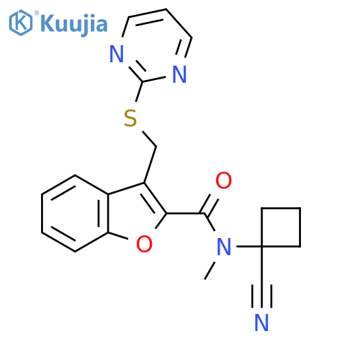 N-(1-cyanocyclobutyl)-N-methyl-3-[(pyrimidin-2-ylsulfanyl)methyl]-1-benzofuran-2-carboxamide structure