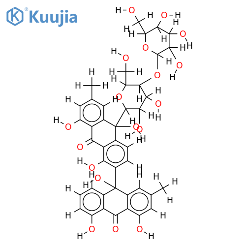 (-)-10'-C-(beta-D-Glucopyranosyl-(1-4)-beta-D-glucopyranosyl)-1,1',8,8',10,10'-hexahydroxy-3,3'-dimethyl-10,7'-bianthracene-9,9'-dione structure