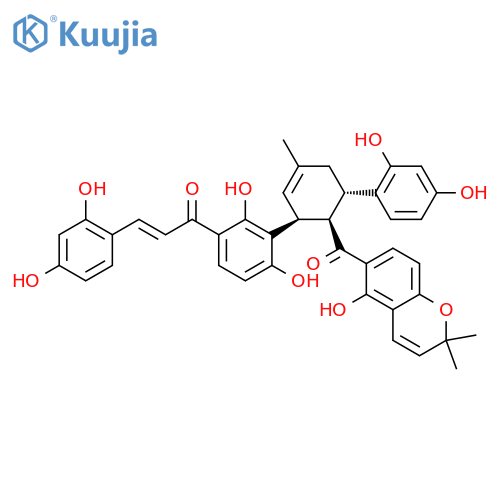 (E)-3-(2,4-Dihydroxyphenyl)-1-[3-[(1S,5S,6R)-5-(2,4-dihydroxyphenyl)-6-(5-hydroxy-2,2-dimethylchromene-6-carbonyl)-3-methylcyclohex-2-en-1-yl]-2,4-dihydroxyphenyl]prop-2-en-1-one structure
