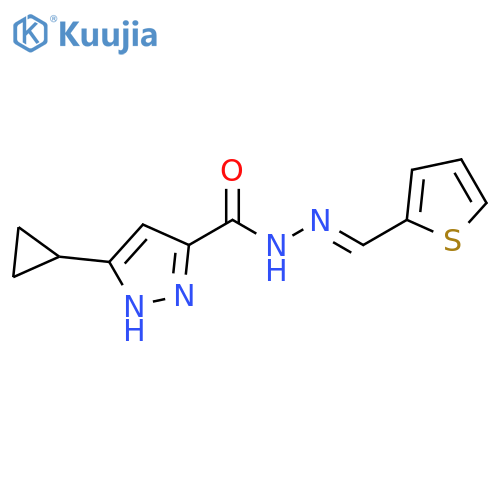 3-cyclopropyl-N'-(1E)-(thiophen-2-yl)methylidene-1H-pyrazole-5-carbohydrazide structure