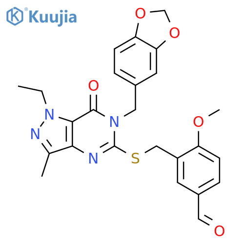 3-[({6-[(2H-1,3-benzodioxol-5-yl)methyl]-1-ethyl-3-methyl-7-oxo-1H,6H,7H-pyrazolo[4,3-d]pyrimidin-5-yl}sulfanyl)methyl]-4-methoxybenzaldehyde structure