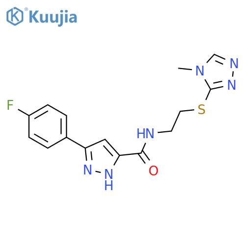 5-(4-fluorophenyl)-N-{2-(4-methyl-4H-1,2,4-triazol-3-yl)sulfanylethyl}-1H-pyrazole-3-carboxamide structure
