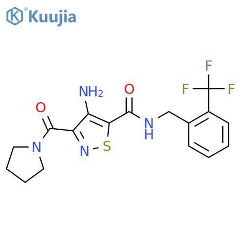 4-amino-3-(pyrrolidine-1-carbonyl)-N-{2-(trifluoromethyl)phenylmethyl}-1,2-thiazole-5-carboxamide structure