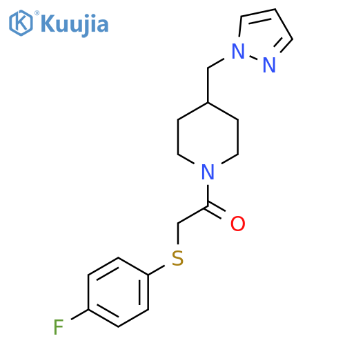 2-(4-fluorophenyl)sulfanyl-1-{4-(1H-pyrazol-1-yl)methylpiperidin-1-yl}ethan-1-one structure