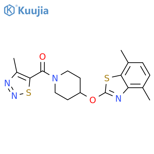 4,7-dimethyl-2-{1-(4-methyl-1,2,3-thiadiazole-5-carbonyl)piperidin-4-yloxy}-1,3-benzothiazole structure