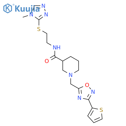 N-{2-(4-methyl-4H-1,2,4-triazol-3-yl)sulfanylethyl}-1-{3-(thiophen-2-yl)-1,2,4-oxadiazol-5-ylmethyl}piperidine-3-carboxamide structure
