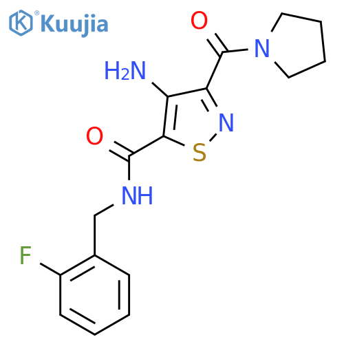 4-amino-N-(2-fluorophenyl)methyl-3-(pyrrolidine-1-carbonyl)-1,2-thiazole-5-carboxamide structure