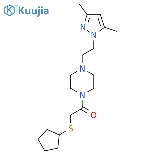 2-(cyclopentylsulfanyl)-1-{4-2-(3,5-dimethyl-1H-pyrazol-1-yl)ethylpiperazin-1-yl}ethan-1-one structure