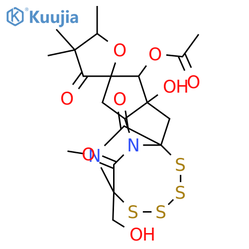 Spiro[furan-2(3H),9'(10'H)-[5,11a](iminomethano)[11aH]cyclopenta[4,5]pyrrolo[2,1-e][1,2,3,4,6]tetrathiazocine]-3,6',12'(5'H)-trione,10'-(acetyloxy)hexahydro-10'a-hydroxy-5'-(hydroxymethyl)-4,4,5,13'-tetramethyl-,(2S,5R,5'R,7'aR,10'S,10'aS,11aR)- structure