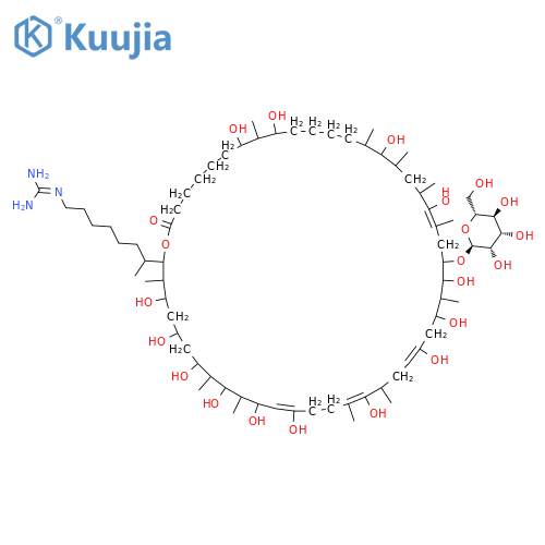 Guanidine,[7-[4,6,8,10,12,14,18,22,24,26,30,34,40,42-tetradecahydroxy-27-(a-D-mannopyranosyloxy)-3,9,11,17,19,25,29,31,33,35,41-undecamethyl-48-oxooxacyclooctatetraconta-13,17,21,29-tetraen-2-yl]octyl]-(9CI) structure
