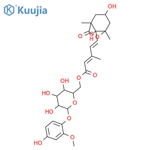 5,13-Epoxy-3,6-dihydroxycyclofarnesa-7,9-dien-11-oic acid; (3S,5R,6S,7E,9Z)-form, 13-Oxo(lactone), 11-O-[(4-hydroxy-2-methoxyphenyl)-(→1)-β-D-glucopyranos-6-yl] ester structure