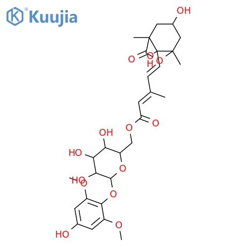 5,13-Epoxy-3,6-dihydroxycyclofarnesa-7,9-dien-11-oic acid; (3S,5R,6S,7E,9Z)-form, 13-Oxo(lactone), 11-O-[(4-hydroxy-2,6-dimethoxyphenyl)-(→1)-β-D-glucopyranos-6-yl] ester structure