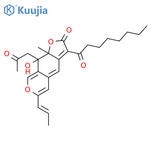 (9R,9aR)-9-hydroxy-9a-methyl-3-octanoyl-9-(2-oxopropyl)-6-((E)-prop-1-enyl)-9,9a-dihydro-2H-furo[3,2-g]isochromen-2-one structure