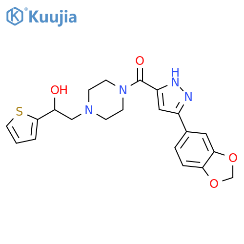 2-{4-3-(2H-1,3-benzodioxol-5-yl)-1H-pyrazole-5-carbonylpiperazin-1-yl}-1-(thiophen-2-yl)ethan-1-ol structure