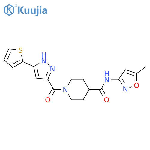 N-(5-methyl-1,2-oxazol-3-yl)-1-3-(thiophen-2-yl)-1H-pyrazole-5-carbonylpiperidine-4-carboxamide structure