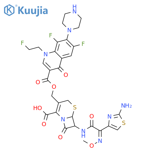 (6R,7R)-7-{[(2E)-2-(2-amino-1,3-thiazol-4-yl)-2-(methoxyimino)acetyl]amino}-3-[({[6,8-difluoro-1-(2-fluoroethyl)-4-oxo-7-(piperazin-1-yl)-1,4-dihydroquinolin-3-yl]carbonyl}oxy)methyl]-8-oxo-5-thia-1-azabicyclo[4.2.0]oct-2-ene-2-carboxylic acid structure