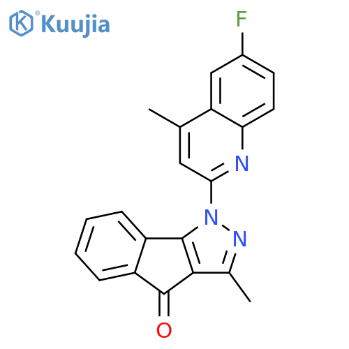 1-(6-fluoro-4-methylquinolin-2-yl)-3-methylindeno[1,2-c]pyrazol-4(1H)-one structure