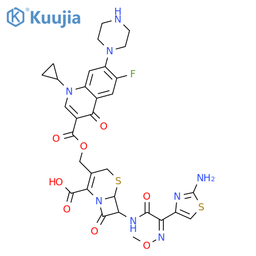 (6R,7R)-7-{[(2E)-2-(2-amino-1,3-thiazol-4-yl)-2-(methoxyimino)acetyl]amino}-3-[({[1-cyclopropyl-6-fluoro-4-oxo-7-(piperazin-1-yl)-1,4-dihydroquinolin-3-yl]carbonyl}oxy)methyl]-8-oxo-5-thia-1-azabicyclo[4.2.0]oct-2-ene-2-carboxylic acid structure