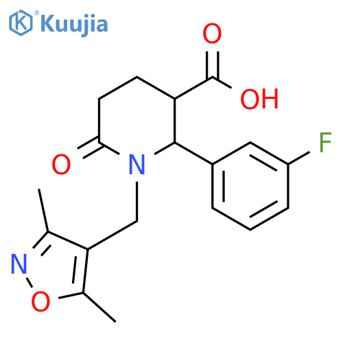 1-(3,5-dimethyl-1,2-oxazol-4-yl)methyl-2-(3-fluorophenyl)-6-oxopiperidine-3-carboxylic acid structure