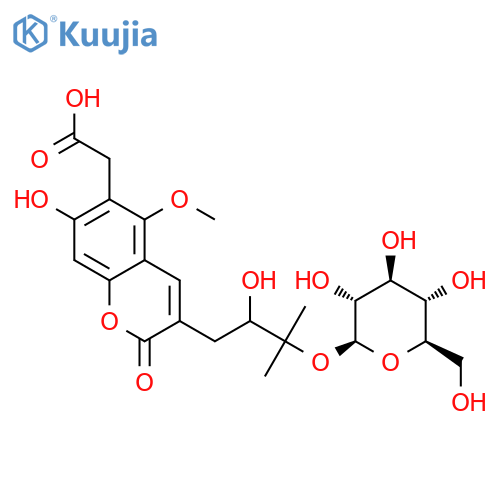 7-hydroxy-5-methoxy-6-carboxymethyl-3-[3-(beta-D-glucopyranosyloxy)-2-hydroxy-3-methylbutyl]coumarin structure