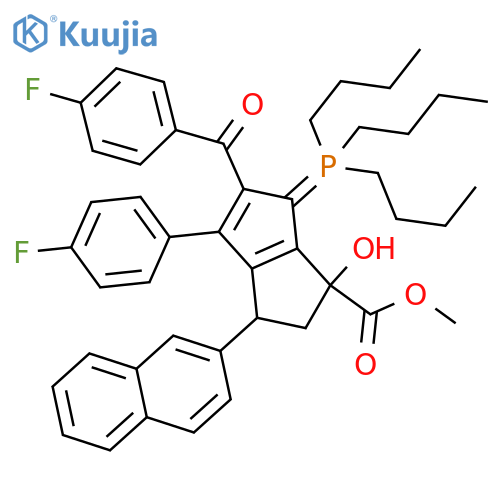 1-Pentalenecarboxylic acid, 5-(4-fluorobenzoyl)-4-(4-fluorophenyl)-1,2,3,6-tetrahydro-1-hydroxy-3-(2-naphthalenyl)-6-(tributylphosphoranylidene)-, methyl ester, (1R,3R)-rel- structure