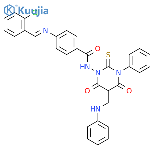 Benzamide,4-[[(2-chlorophenyl)methylene]amino]-N-[tetrahydro-4,6-dioxo-3-phenyl-5-[(phenylamino)methyl]-2-thioxo-1(2H)-pyrimidinyl]- structure