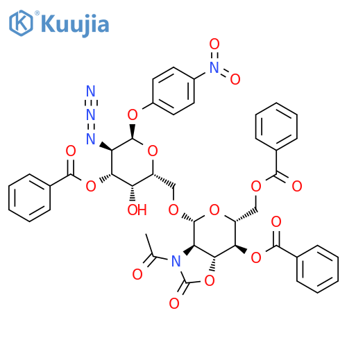 p-nitrophenyl 2-acetamido-4,6-di-O-benzoyl-2,3-N,O-carbonyl-2-deoxy-β-D-glucopyranosyl-(1->6)-2-azido-3-O-benzoyl-2-deoxy-α-D-galactopyranoside structure