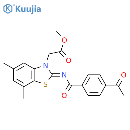 methyl 2-(2Z)-2-(4-acetylbenzoyl)imino-5,7-dimethyl-2,3-dihydro-1,3-benzothiazol-3-ylacetate structure