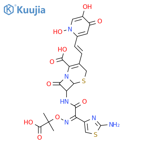 (6R,7R)-7-{[(2E)-2-(2-amino-1,3-thiazol-4-yl)-2-{[(2-carboxypropan-2-yl)oxy]imino}acetyl]amino}-3-[(Z)-2-(1,5-dihydroxy-4-oxo-1,4-dihydropyridin-2-yl)ethenyl]-8-oxo-5-thia-1-azabicyclo[4.2.0]oct-2-ene-2-carboxylic acid structure