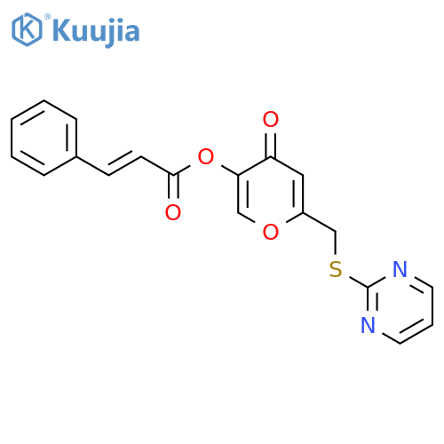 4-oxo-6-(pyrimidin-2-ylsulfanyl)methyl-4H-pyran-3-yl (2E)-3-phenylprop-2-enoate structure