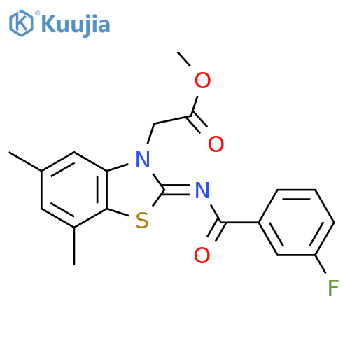 methyl 2-(2Z)-2-(3-fluorobenzoyl)imino-5,7-dimethyl-2,3-dihydro-1,3-benzothiazol-3-ylacetate structure