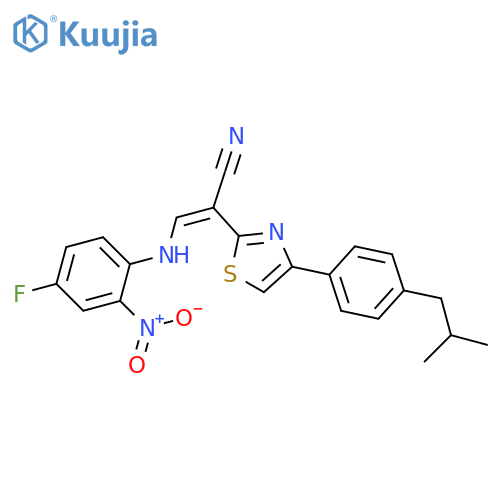 (2Z)-3-(4-fluoro-2-nitrophenyl)amino-2-{4-4-(2-methylpropyl)phenyl-1,3-thiazol-2-yl}prop-2-enenitrile structure