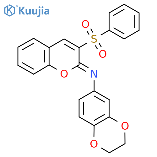 N-(2Z)-3-(benzenesulfonyl)-2H-chromen-2-ylidene-2,3-dihydro-1,4-benzodioxin-6-amine structure