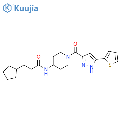 3-cyclopentyl-N-{1-3-(thiophen-2-yl)-1H-pyrazole-5-carbonylpiperidin-4-yl}propanamide structure