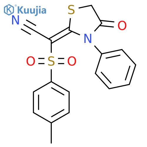 2-((4-Methylphenyl)sulfonyl)-2-(4-oxo-5-phenyl(2,5-thiazolidinylidene))ethanenitrile structure