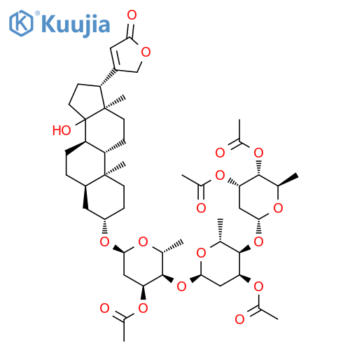(3beta,5beta,14xi)-3-{[3,4-di-O-acetyl-2,6-dideoxy-alpha-D-ribo-hexopyranosyl-(1->4)-3-O-acetyl-2,6-dideoxy-alpha-D-ribo-hexopyranosyl-(1->4)-3-O-acetyl-2,6-dideoxy-alpha-D-ribo-hexopyranosyl]oxy}-14-hydroxycard-20(22)-enolide structure