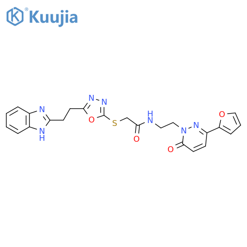 2-({5-2-(1H-1,3-benzodiazol-2-yl)ethyl-1,3,4-oxadiazol-2-yl}sulfanyl)-N-{2-3-(furan-2-yl)-6-oxo-1,6-dihydropyridazin-1-ylethyl}acetamide structure