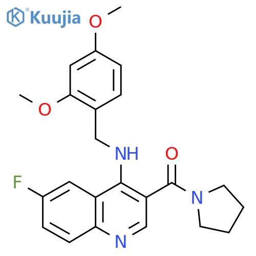 N-[(2,4-dimethoxyphenyl)methyl]-6-fluoro-3-(pyrrolidine-1-carbonyl)quinolin-4-amine structure