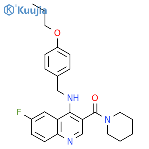 6-fluoro-3-(piperidine-1-carbonyl)-N-[(4-propoxyphenyl)methyl]quinolin-4-amine structure