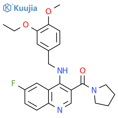 N-[(3-ethoxy-4-methoxyphenyl)methyl]-6-fluoro-3-(pyrrolidine-1-carbonyl)quinolin-4-amine structure