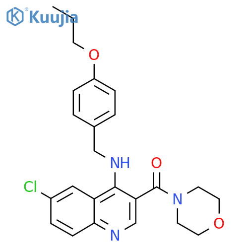 6-chloro-3-(morpholine-4-carbonyl)-N-[(4-propoxyphenyl)methyl]quinolin-4-amine structure