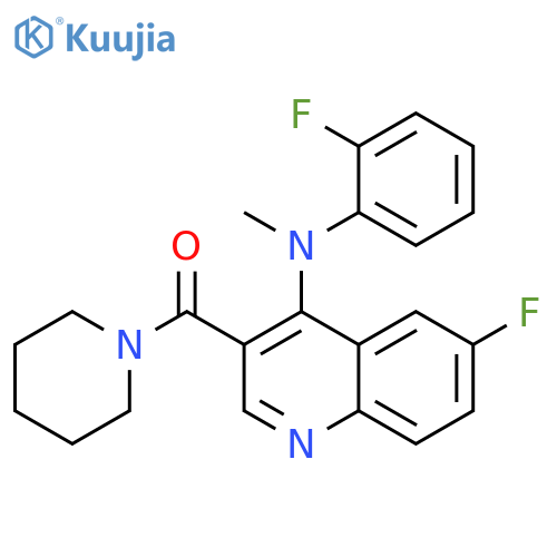 6-fluoro-N-[(2-fluorophenyl)methyl]-3-(piperidine-1-carbonyl)quinolin-4-amine structure