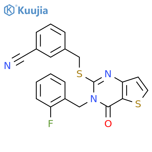 3-[({3-[(2-fluorophenyl)methyl]-4-oxo-3H,4H-thieno[3,2-d]pyrimidin-2-yl}sulfanyl)methyl]benzonitrile structure