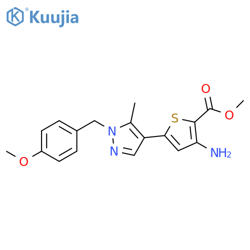 2-Thiophenecarboxylic acid, 3-amino-5-[1-[(4-methoxyphenyl)methyl]-5-methyl-1H-pyrazol-4-yl]-, methyl ester structure