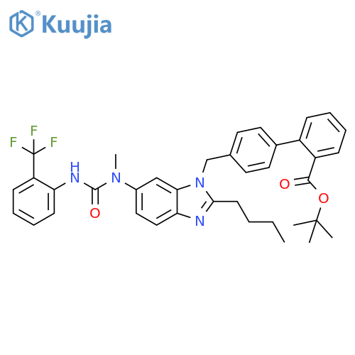 [1,1'-Biphenyl]-2-carboxylic acid, 4'-[[2-butyl-6-[methyl[[[2-(trifluoromethyl)phenyl]amino]carbonyl]amino]-1H-benzimidazol-1-yl]methyl]-, 1,1-dimethylethyl ester structure