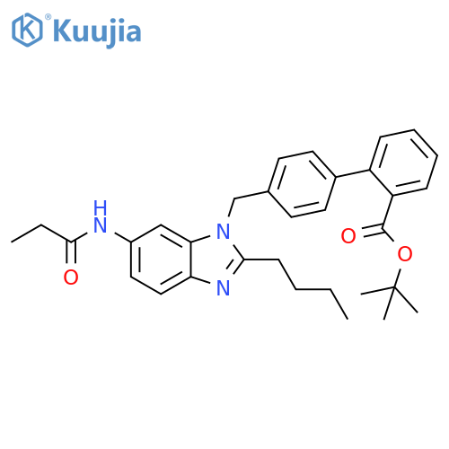 [1,1'-Biphenyl]-2-carboxylic acid,4'-[[2-butyl-6-[(1-oxopropyl)amino]-1H-benzimidazol-1-yl]methyl]-,1,1-dimethylethyl ester structure