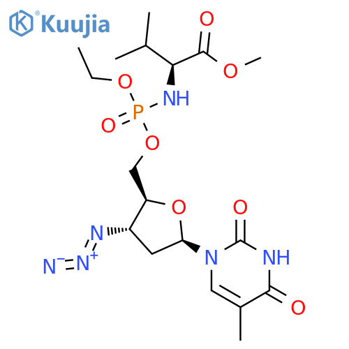 methyl (2S)-2-{[{[(2S,3S,5R)-3-azido-5-(5-methyl-2,4-dioxo-3,4-dihydropyrimidin-1(2H)-yl)tetrahydrofuran-2-yl]methoxy}(ethoxy)phosphoryl]amino}-3-methylbutanoate (non-preferred name) structure