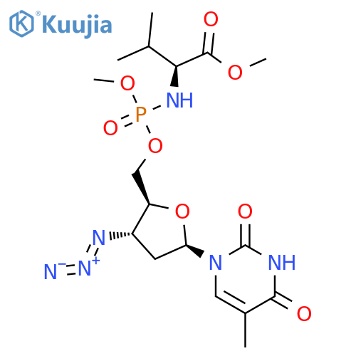 methyl (2S)-2-{[{[(2S,3S,5R)-3-azido-5-(5-methyl-2,4-dioxo-3,4-dihydropyrimidin-1(2H)-yl)tetrahydrofuran-2-yl]methoxy}(methoxy)phosphoryl]amino}-3-methylbutanoate (non-preferred name) structure