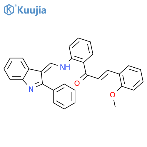(2E)-3-(2-methoxyphenyl)-1-(2-{[(E)-(2-phenyl-3H-indol-3-ylidene)methyl]amino}phenyl)prop-2-en-1-one structure