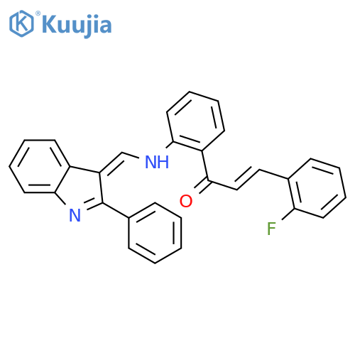 (2E)-3-(2-fluorophenyl)-1-(2-{[(E)-(2-phenyl-3H-indol-3-ylidene)methyl]amino}phenyl)prop-2-en-1-one structure